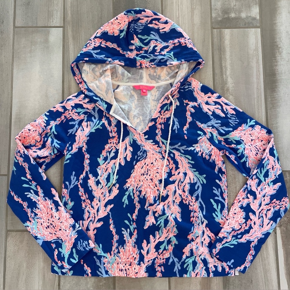 Lilly Pulitzer Kiawah Cropped Hoodie in Borealis Blue Swim On Over Size Medium